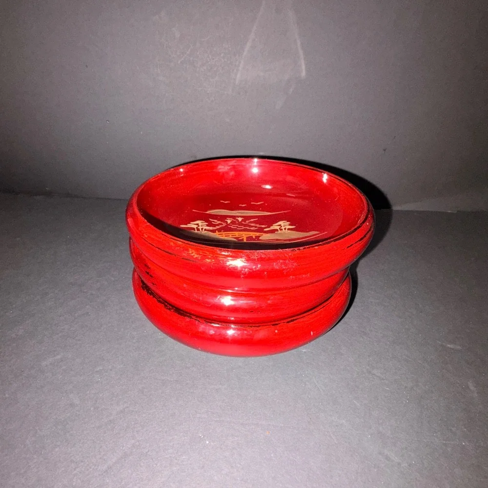 3 Vtg Japanese Lacquerware Salad Bowls Cinnabar Red Gold Chinoiserie Landscape